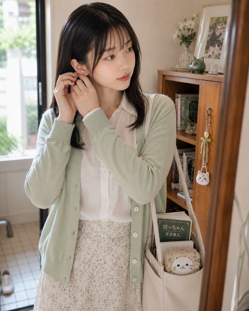 A young woman with long black hair and bangs, wearing a light green cardigan and a floral skirt, adjusts her earring while looking into a mirror in a cozy room.