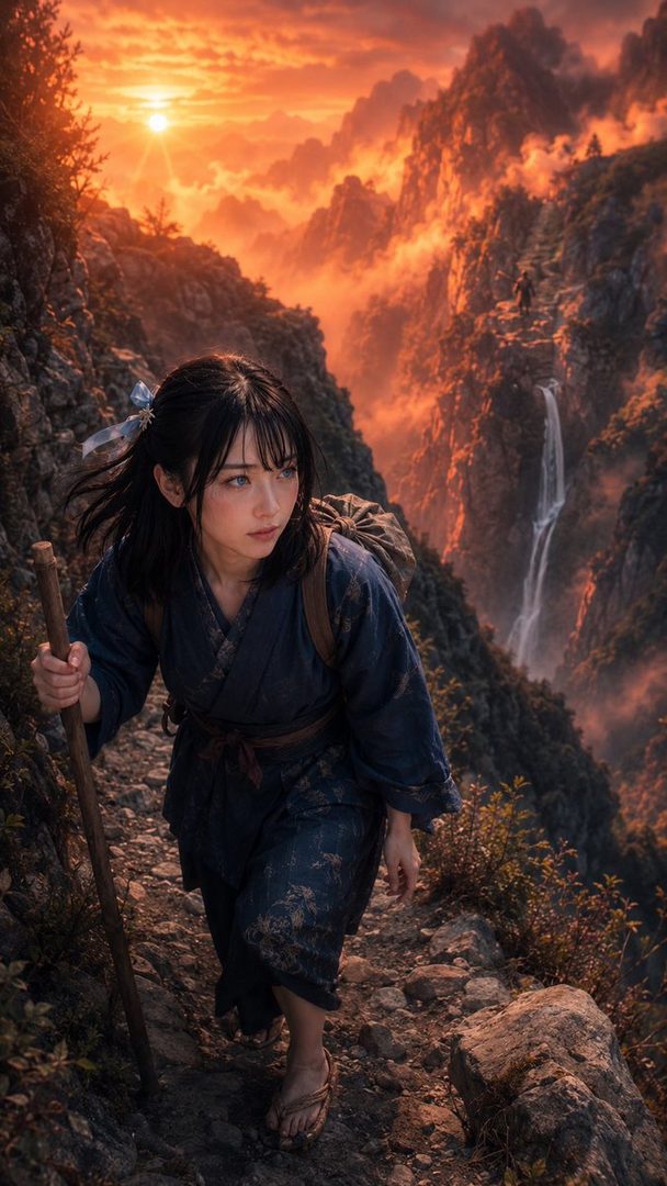 A young woman with black hair and bangs, wearing traditional Japanese clothing and carrying a backpack, hikes up a rocky mountain path at sunset, with a waterfall and dramatic orange sky in the background.