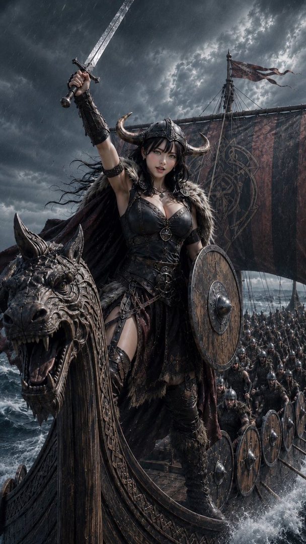 A fierce female Viking warrior stands on the prow of a longship, holding a sword aloft against a stormy sky, with her crew behind her.