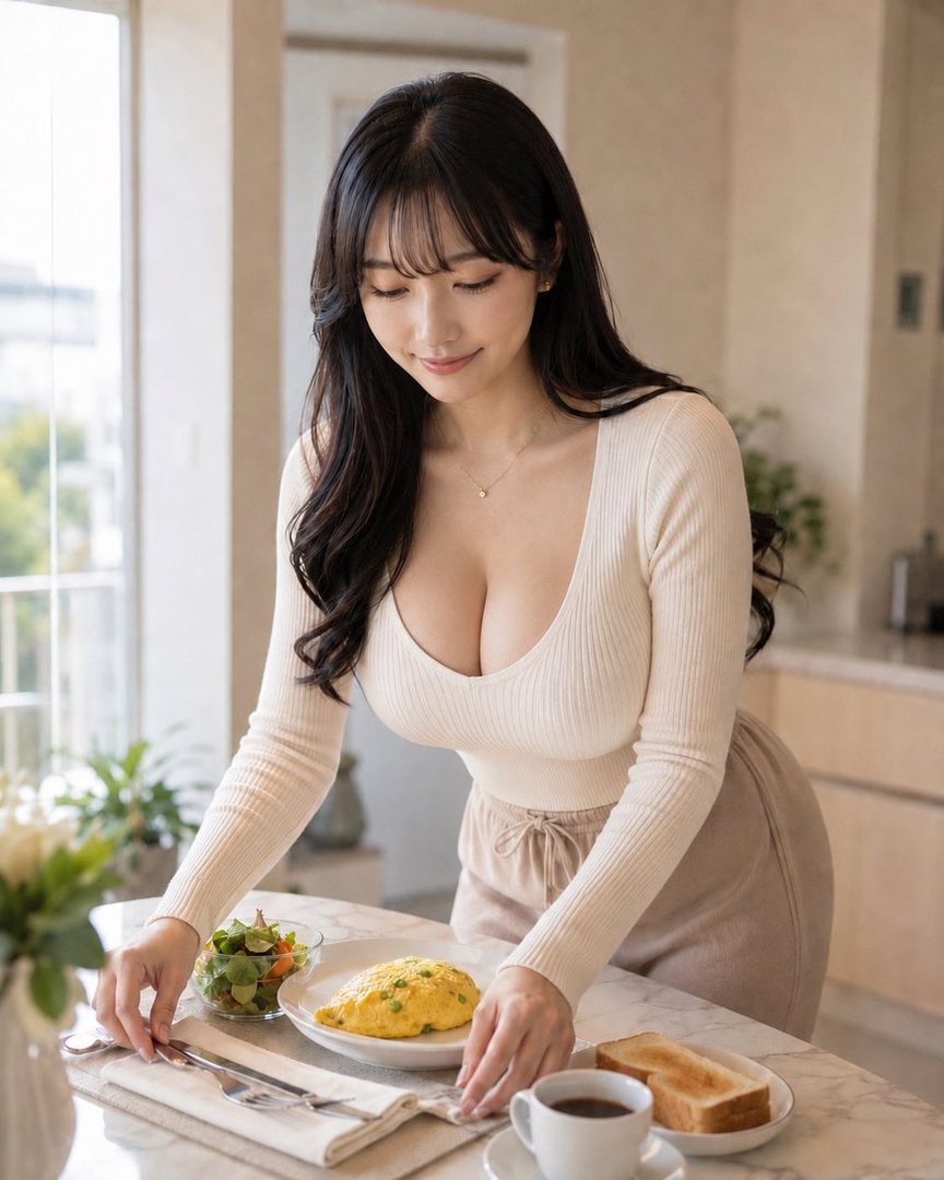 A woman with long black hair and a white ribbed top is setting a plate with an omelet and salad on a kitchen counter, with toast and coffee nearby.