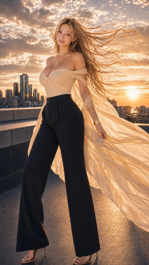 A woman with long blonde hair and an off-shoulder top poses on a rooftop with a city skyline at sunset.