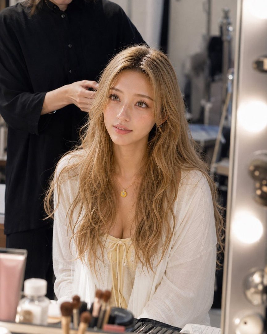 A beautiful woman with long blonde wavy hair and a white cardigan is getting her hair styled in a dressing room.
