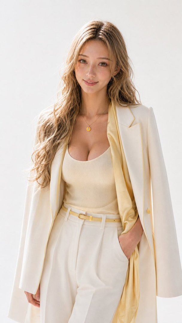 A confident woman with long blonde wavy hair wears a cream blazer over a light yellow tank top and cream trousers, posing in a bright studio.