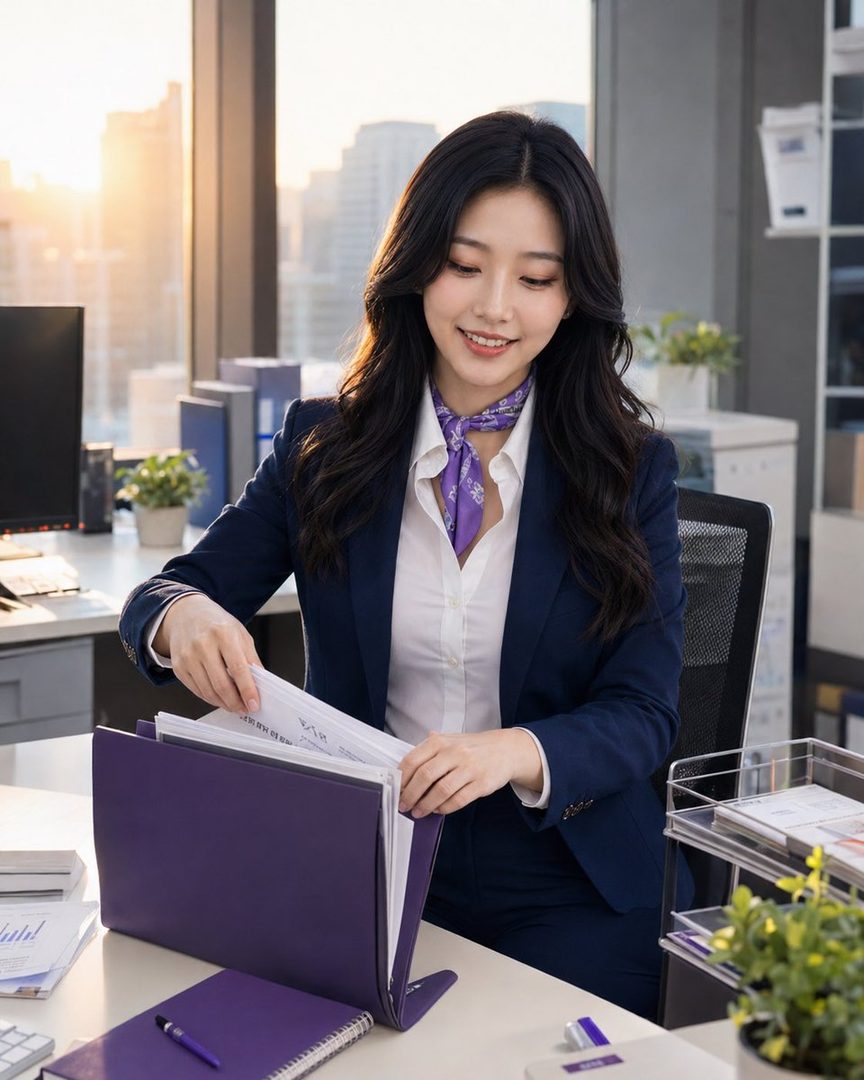 A smiling woman with long black hair, wearing a navy business suit and a purple scarf, organizes documents in a purple folder at an office desk during golden hour.