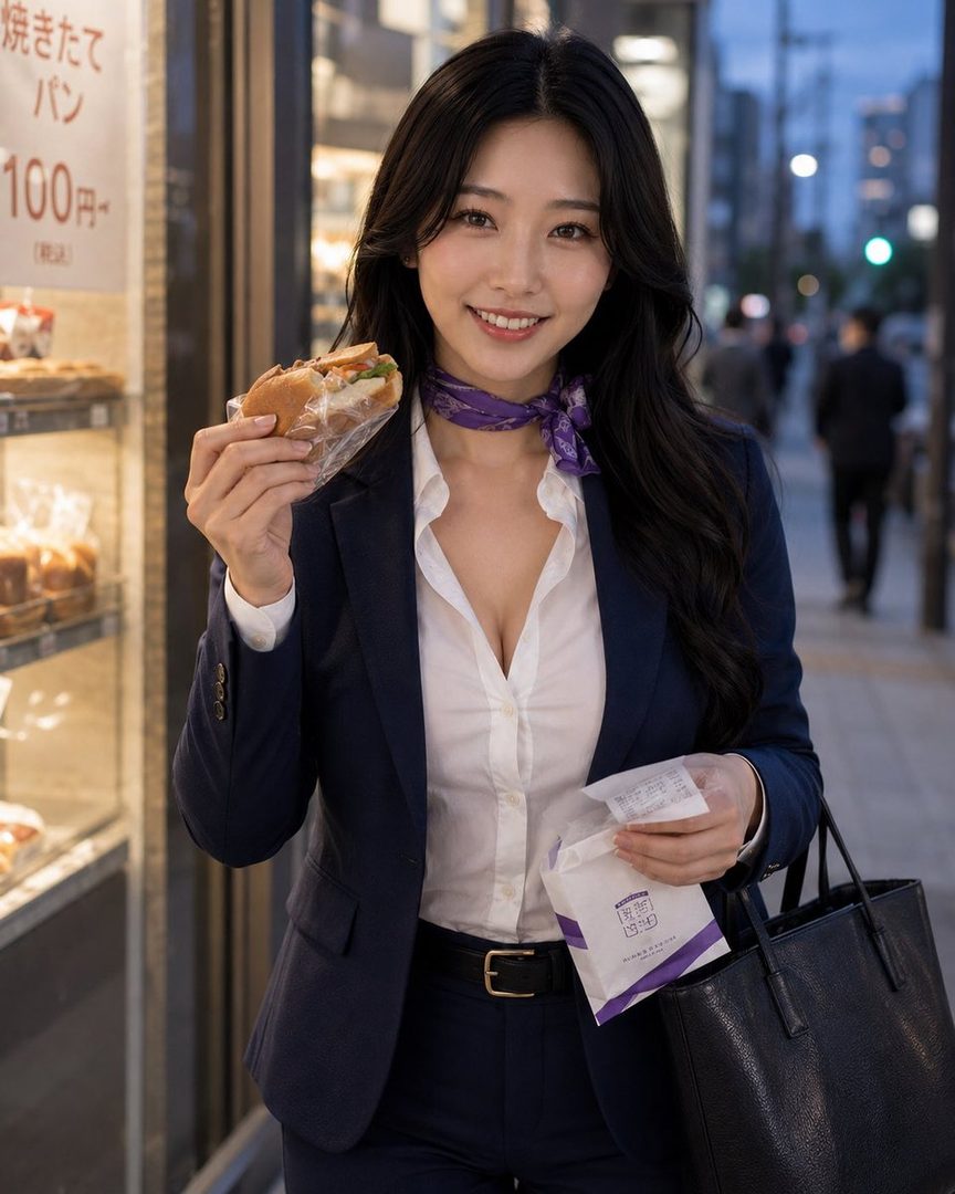 A smiling woman in a business suit holds a sandwich and a small bag in front of a bakery storefront on a city street at night.