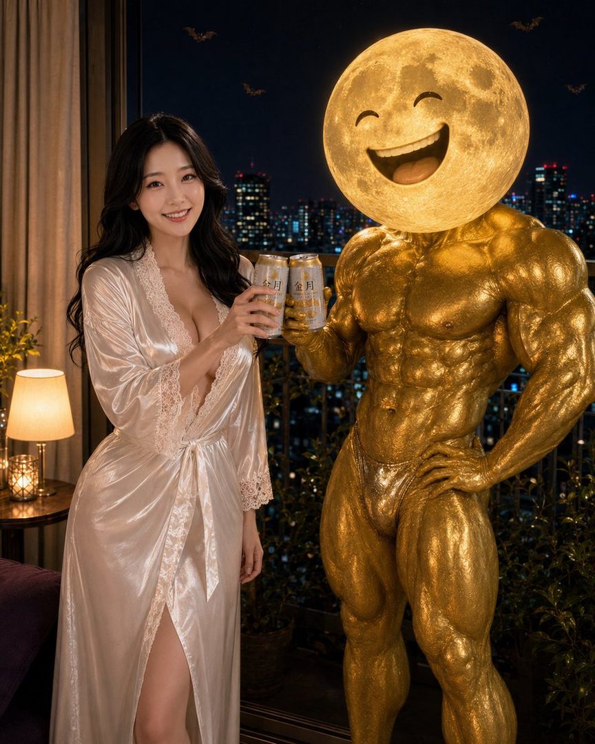 A smiling woman in a white satin robe toasts with a golden muscular man with a moon for a head, against a night city skyline.