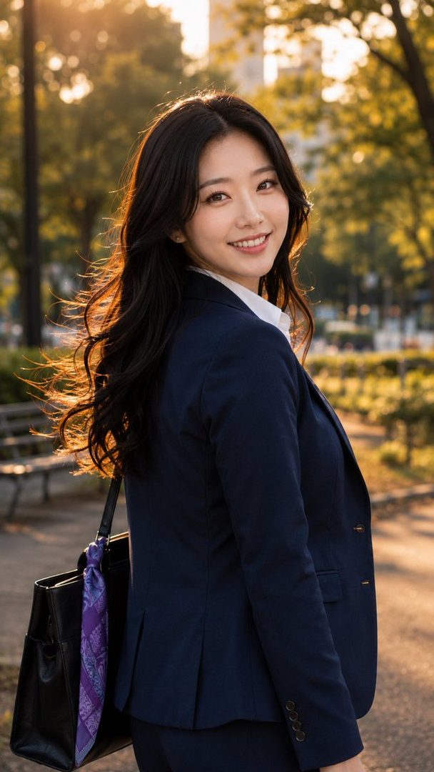 A smiling woman with long black wavy hair, wearing a navy business suit and white shirt, looks back over her shoulder in a park during golden hour.