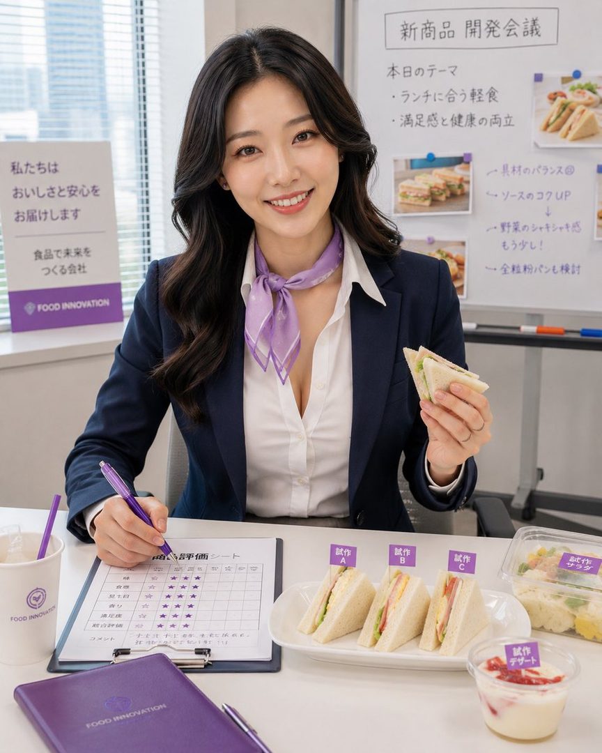 A smiling woman in a business suit and purple scarf is tasting new food products, holding a sandwich and writing on a clipboard in an office setting.