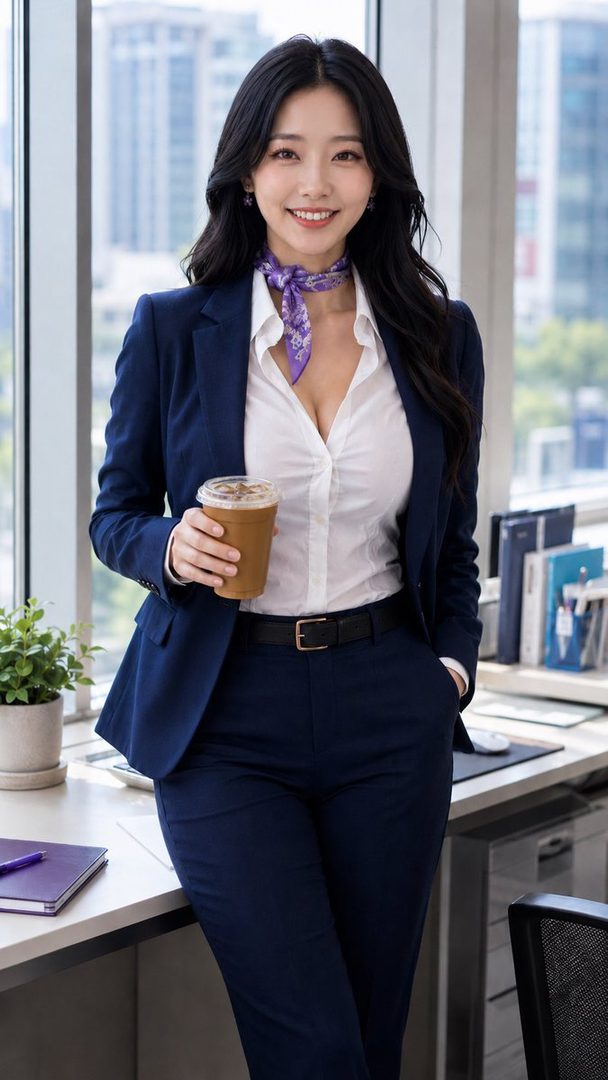 A smiling woman in a navy business suit and white shirt with a purple scarf stands in an office, holding an iced coffee.