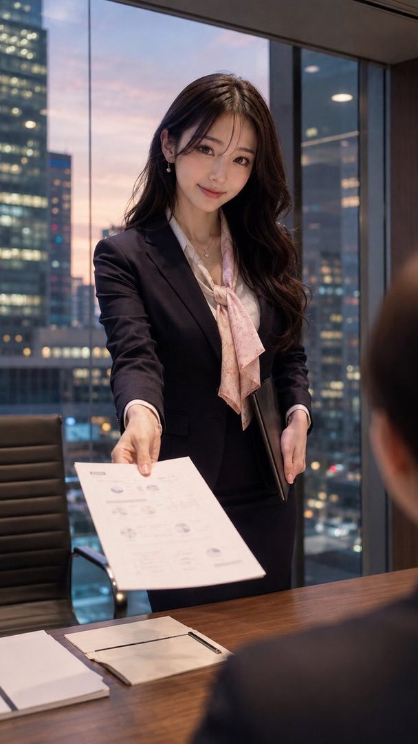 Elegant Japanese businesswoman in a dark suit presenting documents across a conference table in a high-rise office overlooking the city at dusk.