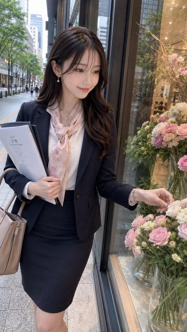 A professional-looking woman in a dark suit and floral scarf stands on a city street, gently touching flowers in a shop window.