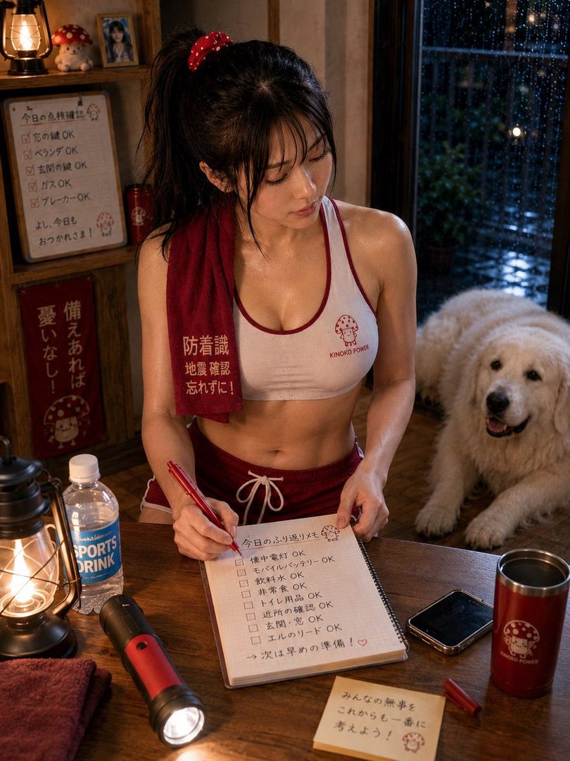 A woman in a sports bra and shorts is writing on a checklist at a wooden table, with a dog lying behind her and a rainy window in the background.