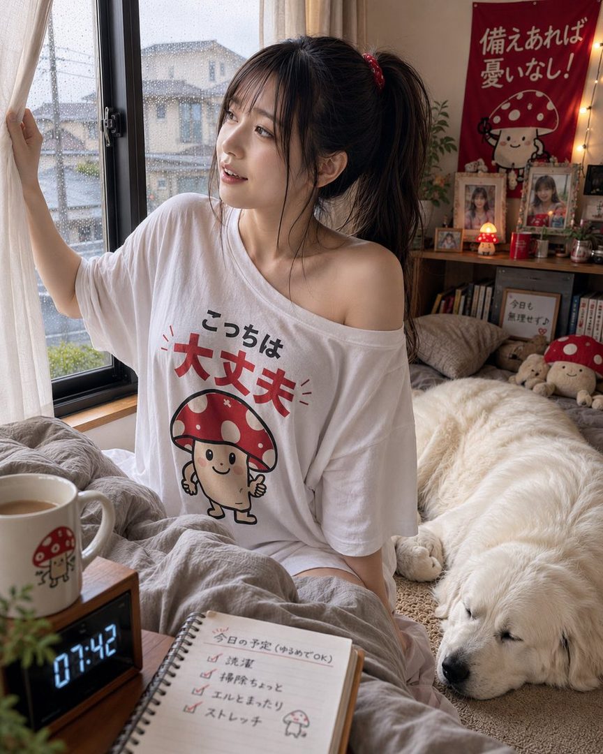 A young woman with dark hair in a ponytail looks out a window on a rainy day, wearing an oversized white t-shirt with a mushroom graphic, next to a sleeping golden retriever.