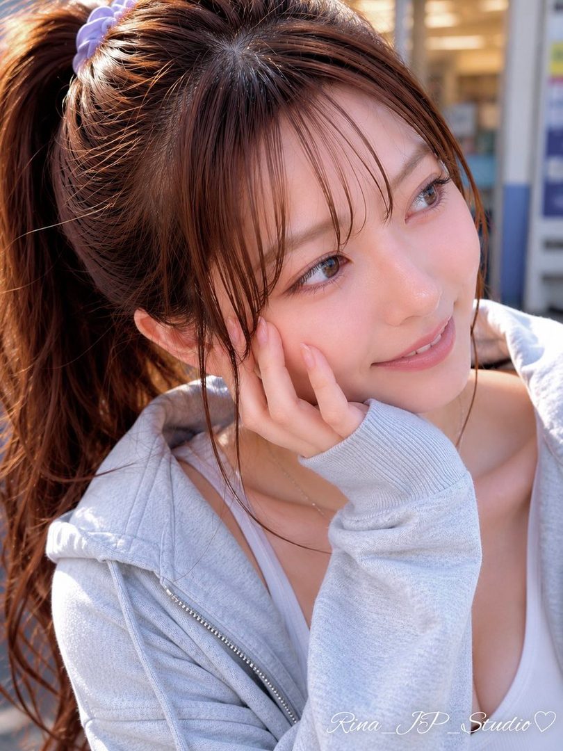 A smiling woman with brown hair in a ponytail, wearing a light grey zip hoodie, looks to the side outdoors.