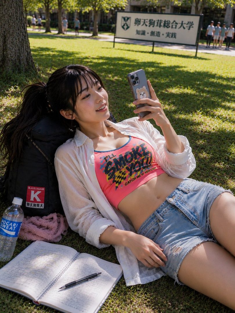 A young woman with black hair in a ponytail, wearing a pink crop top, white shirt, and denim shorts, lies on the grass in a park while looking at her smartphone. A backpack, notebook, and water bottle are beside her.
