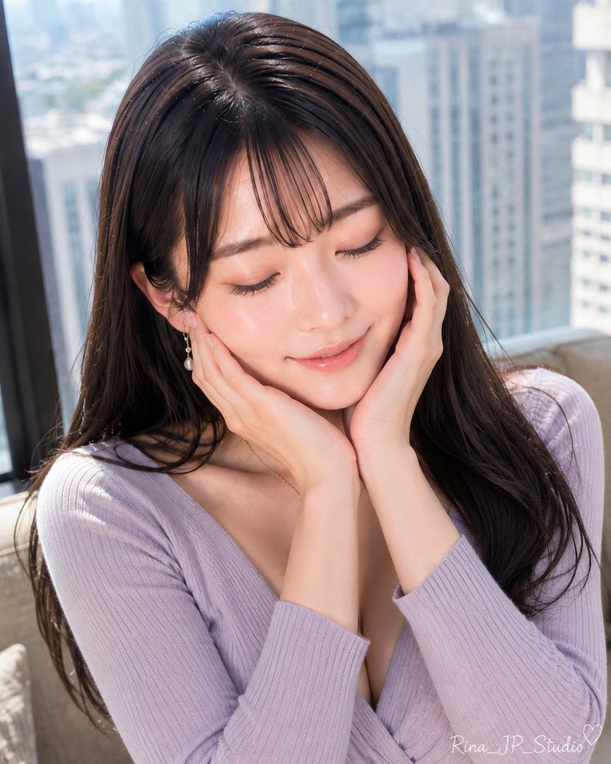 A beautiful woman with long dark hair and bangs, wearing a lavender wrap knit top, gently smiles with her eyes closed and hands on her face, in an indoor setting with a city view.