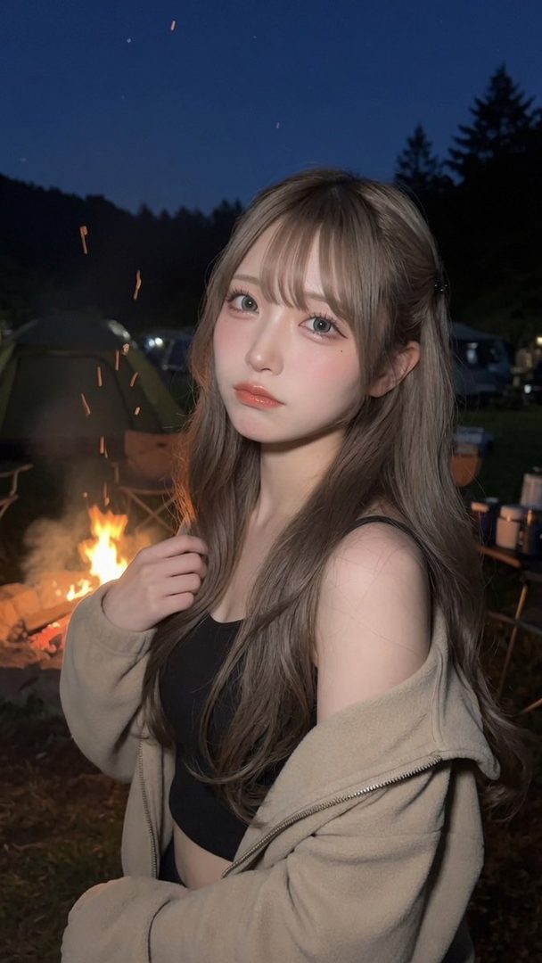 A young woman with light brown hair and a black crop top under a beige hoodie poses by a campfire at night.