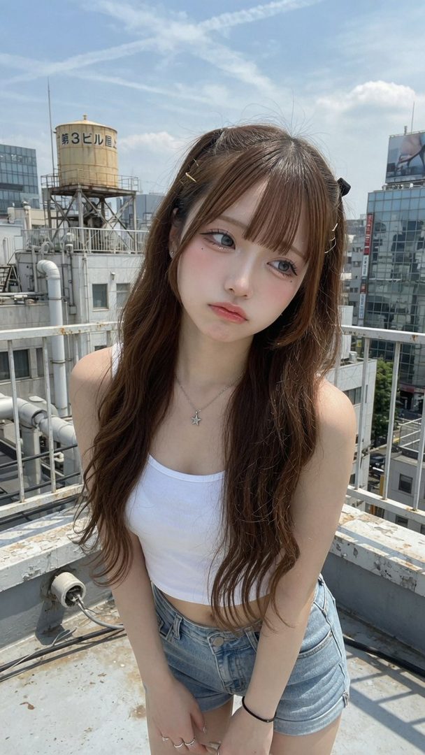 A young woman with long brown hair and bangs, wearing a white crop top and denim shorts, poses on a city rooftop under a clear sky.