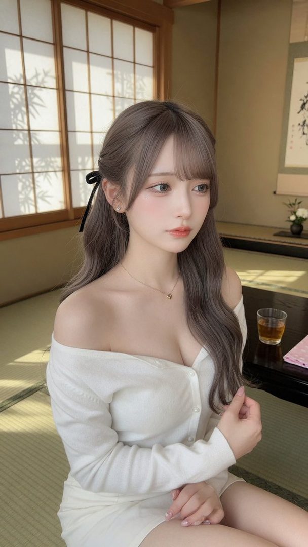 A beautiful woman with ash brown wavy hair and bangs, wearing a white off-shoulder cardigan, sitting in a traditional Japanese room.