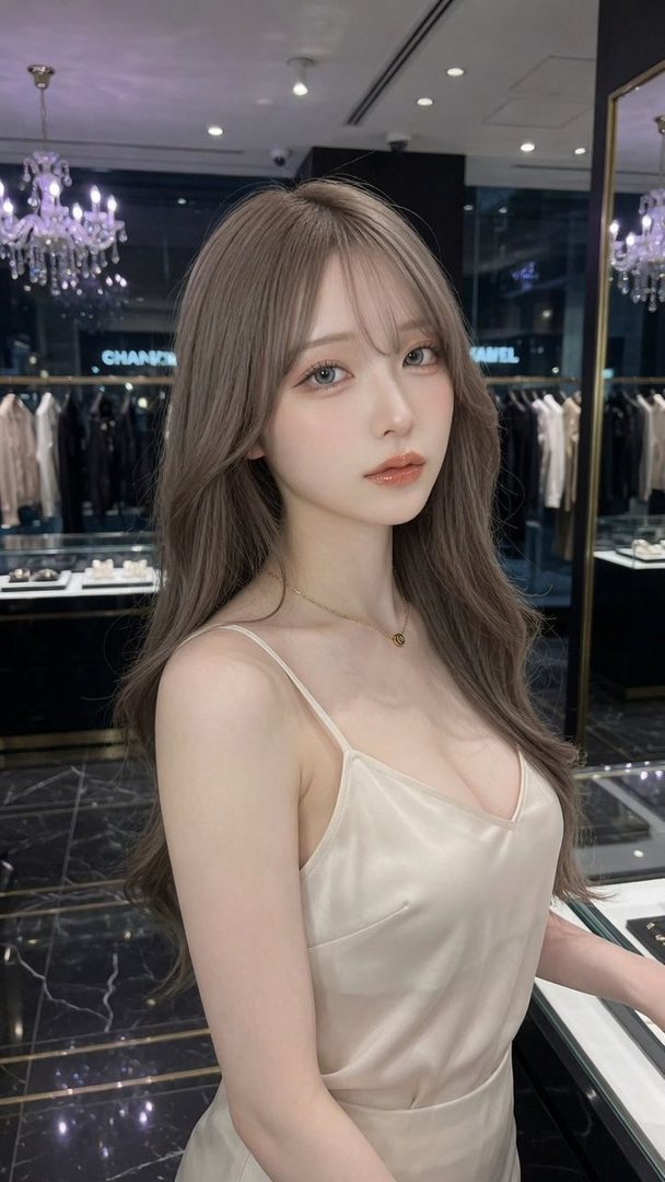 A beautiful AI-generated woman with long ash brown hair and a satin slip dress poses elegantly in a luxury boutique.