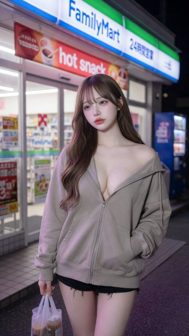 A young woman in a beige hoodie and black shorts stands outside a FamilyMart convenience store at night, holding a plastic bag.
