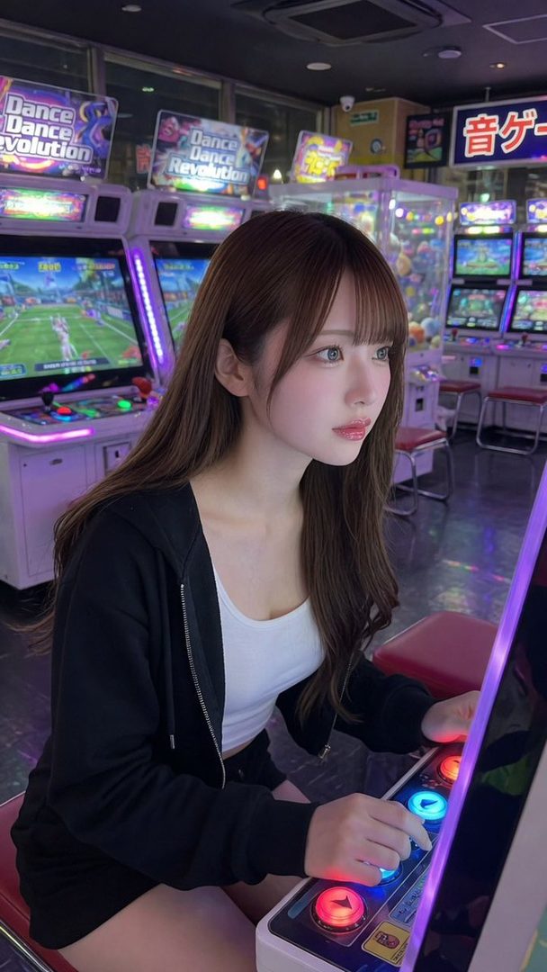 A young woman with long brown hair and bangs is focused on playing an arcade game in a brightly lit arcade.
