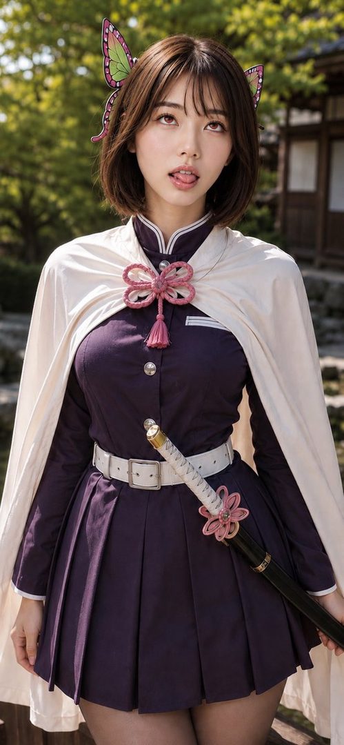 Young woman in Shinobu Kocho cosplay wearing a purple sailor uniform with white cape and butterfly accessories, holding a sheathed sword in a sunlit Japanese garden.