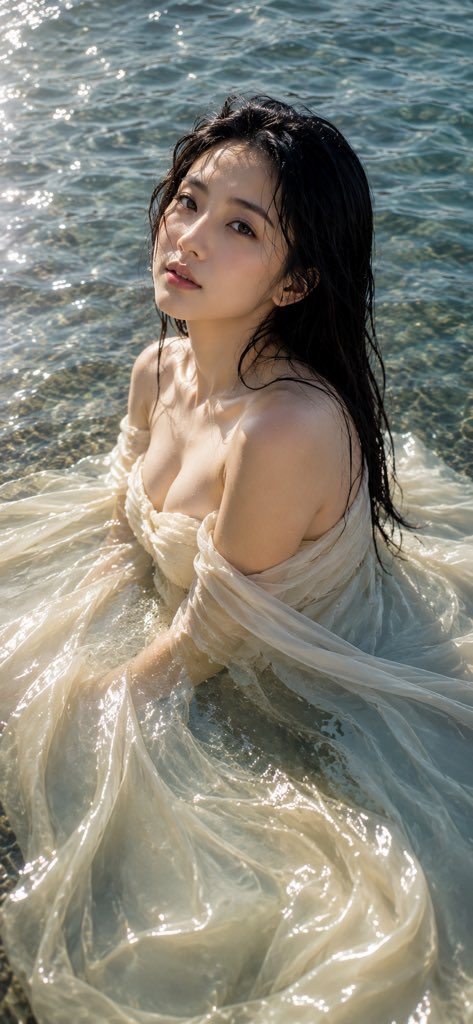 A beautiful young East Asian woman with long wet black hair wearing a sheer clinging dress, partially submerged in sparkling sunlit ocean water.