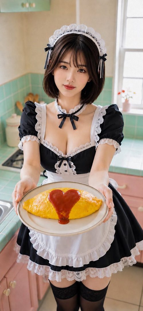 Young woman in a black and white maid outfit presenting a heart-shaped ketchup omelette in a pastel kitchen.
