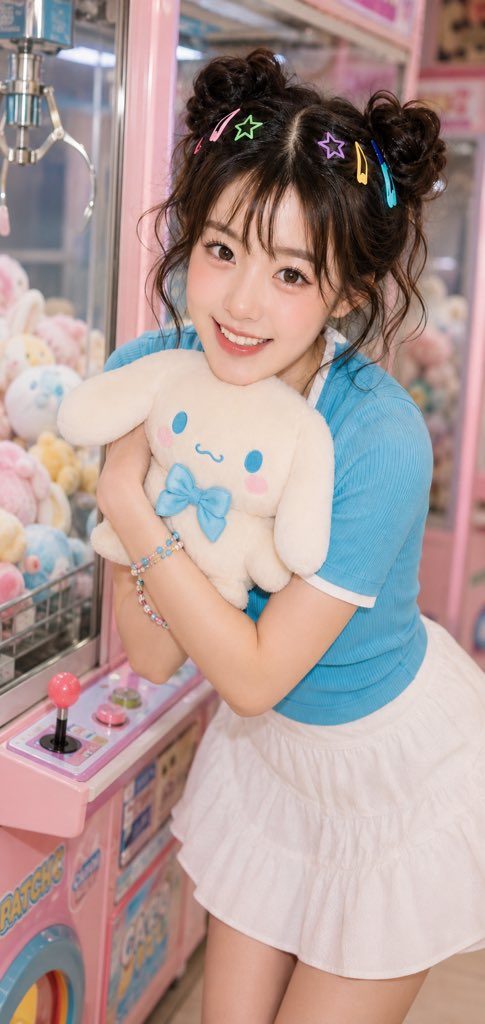 Smiling young woman with double buns hugging a Cinnamoroll plush in front of a pink claw machine.