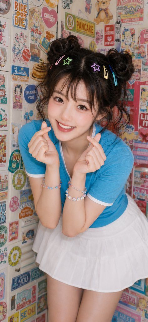 Young woman with double buns and colorful clips smiling while making finger-heart gestures in front of a vibrant sticker wall.