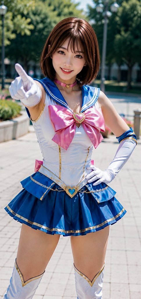 Young woman in a detailed Sailor Moon-style cosplay costume posing outdoors with a confident smile and pointing gesture.