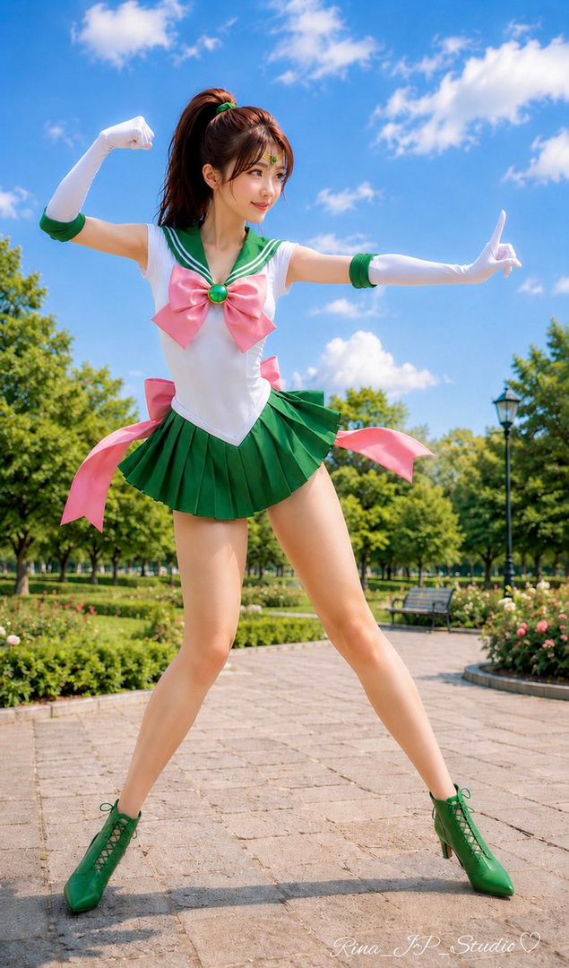 A woman cosplaying as Sailor Jupiter from Sailor Moon, striking a heroic pose in a park on a sunny day.