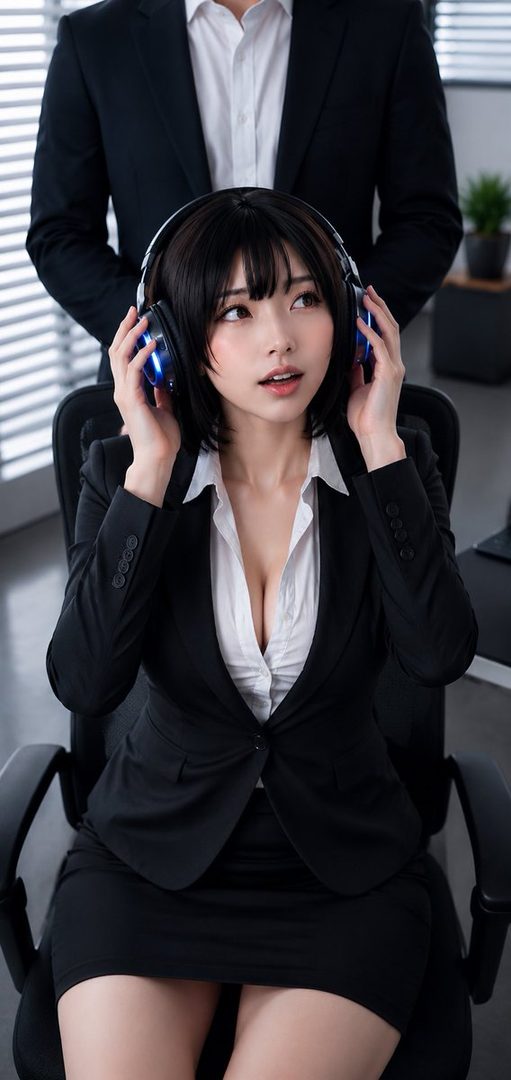 Young woman in a tight black business suit wearing large headphones sits in an office chair while a suited man stands behind her.