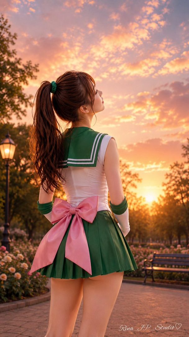 A person cosplaying as Sailor Jupiter stands in a park at sunset, looking up at the sky, with a large pink bow on the back of their green and white sailor uniform.