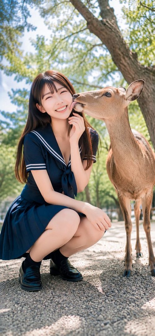 Young woman in navy sailor uniform squatting in a sunny park as a deer gently licks her cheek.