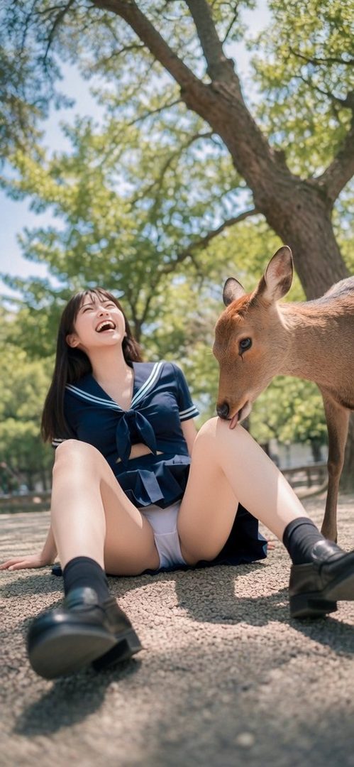 Young woman in navy sailor uniform laughing on the ground in a sunny park while a friendly deer leans close to her face.