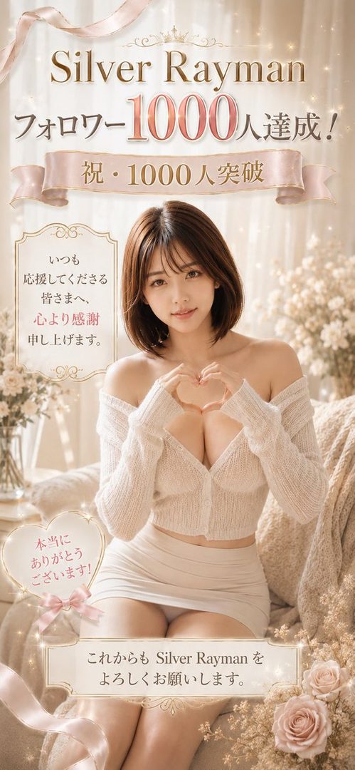 A young East Asian woman with a short brown bob smiles gently while forming a heart shape with her hands, dressed in a soft white off-shoulder knit top against a dreamy floral studio background celebrating 1000 followers.