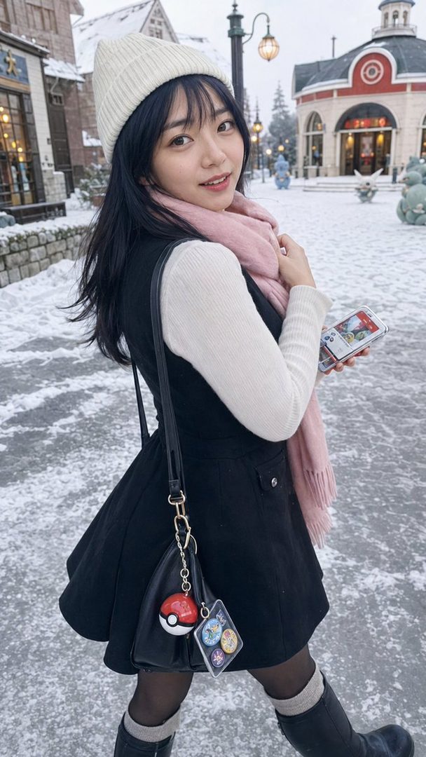 Young East Asian woman in winter attire posing on a snowy street with a pink scarf and white beanie.