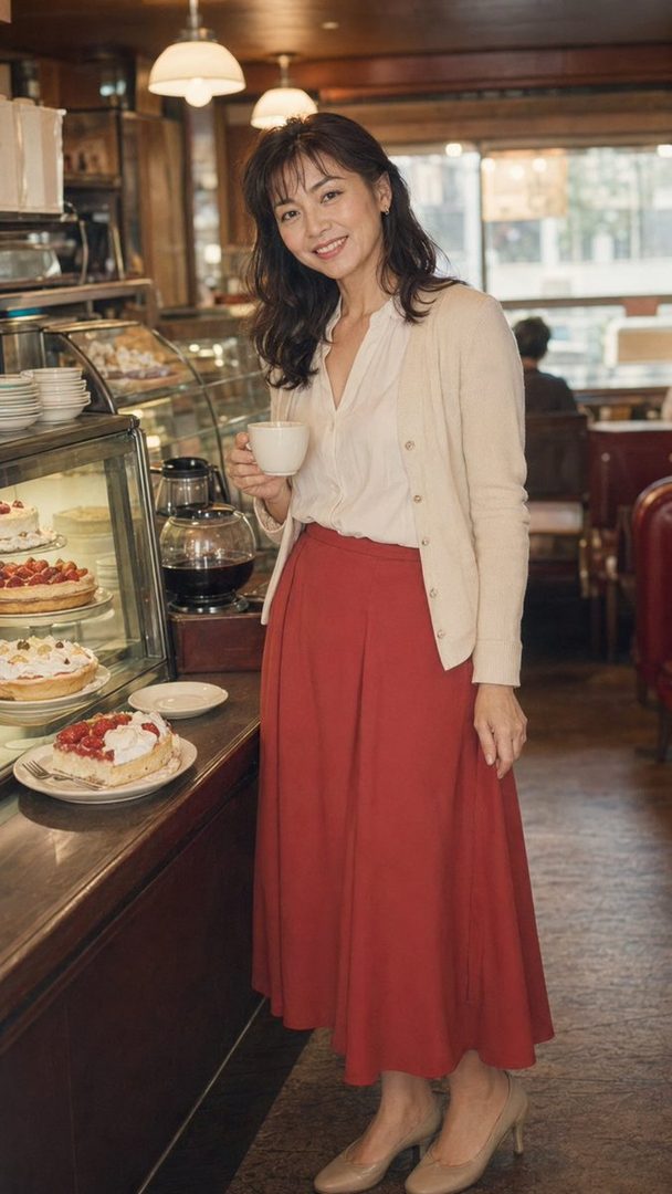 Smiling Japanese woman in a red skirt holding a coffee cup inside a cozy cafe.