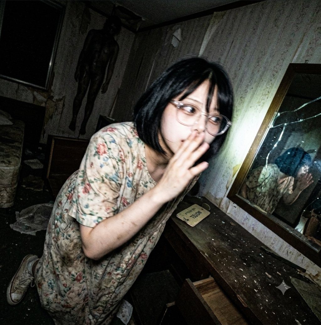 Young woman with short black hair and glasses wearing a floral dress reacts in fear inside a derelict abandoned room with broken mirror and eerie mannequin.
