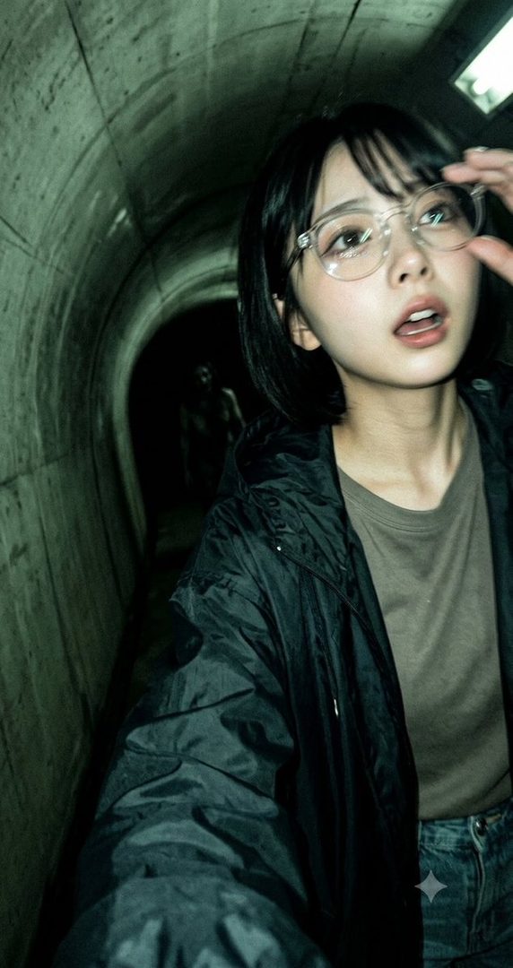 Young woman with short black hair and glasses taking a selfie in a dimly lit concrete tunnel with a shadowy figure behind her.