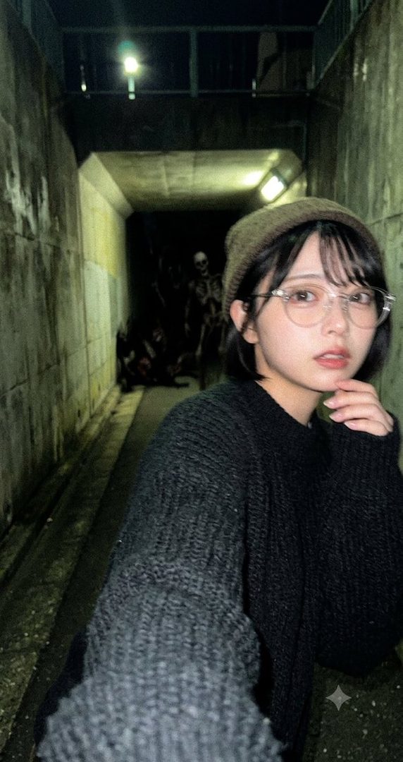 Young woman in glasses and beanie taking a selfie inside a dimly lit concrete tunnel with skeletons visible in the background.