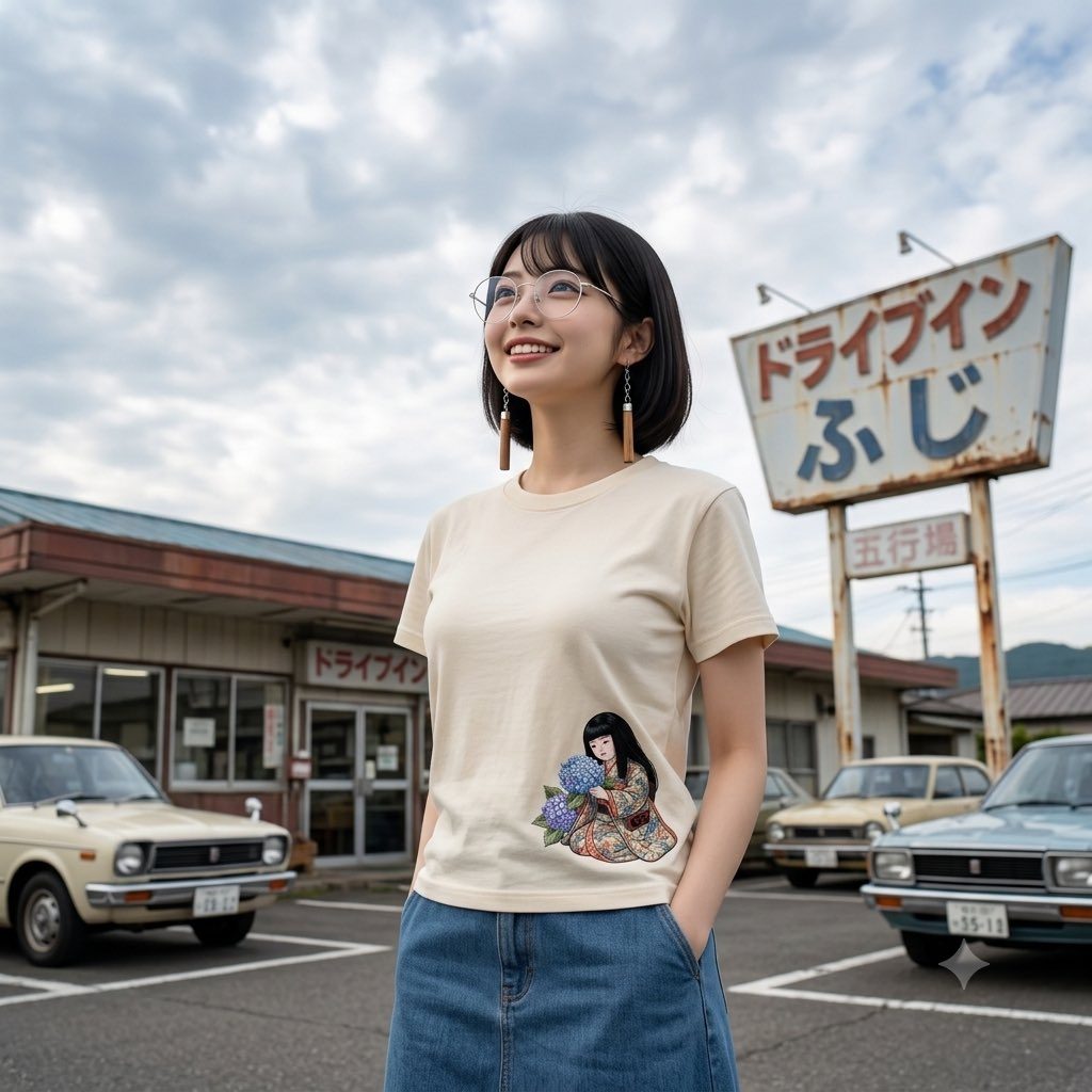 Young Japanese woman with short black bob hair and glasses smiling outdoors in a retro parking lot, wearing a cream t-shirt featuring a hydrangea graphic.