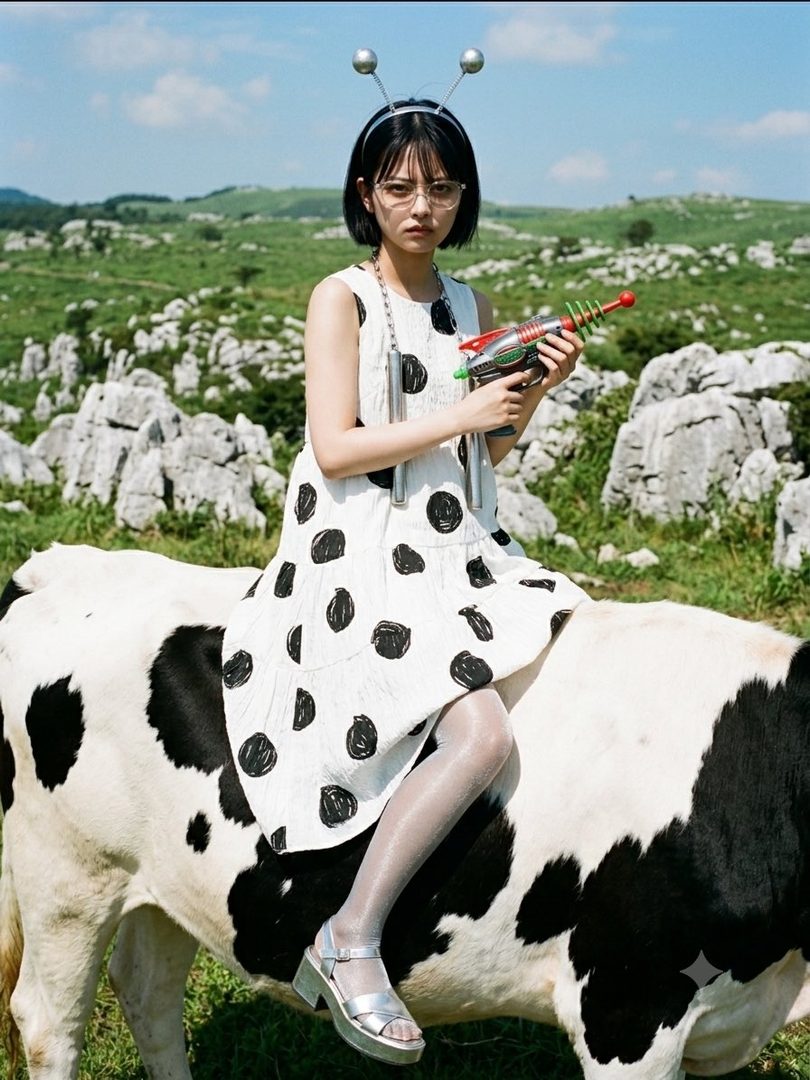 Young woman with short black bob and alien antennae sits on a black-and-white cow holding a toy ray gun in a sunny rocky landscape.