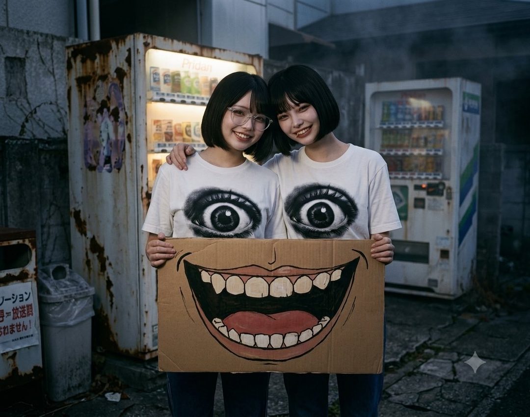 Two young Japanese women with short black hair smiling while holding a giant cartoon mouth cutout in front of glowing vending machines.