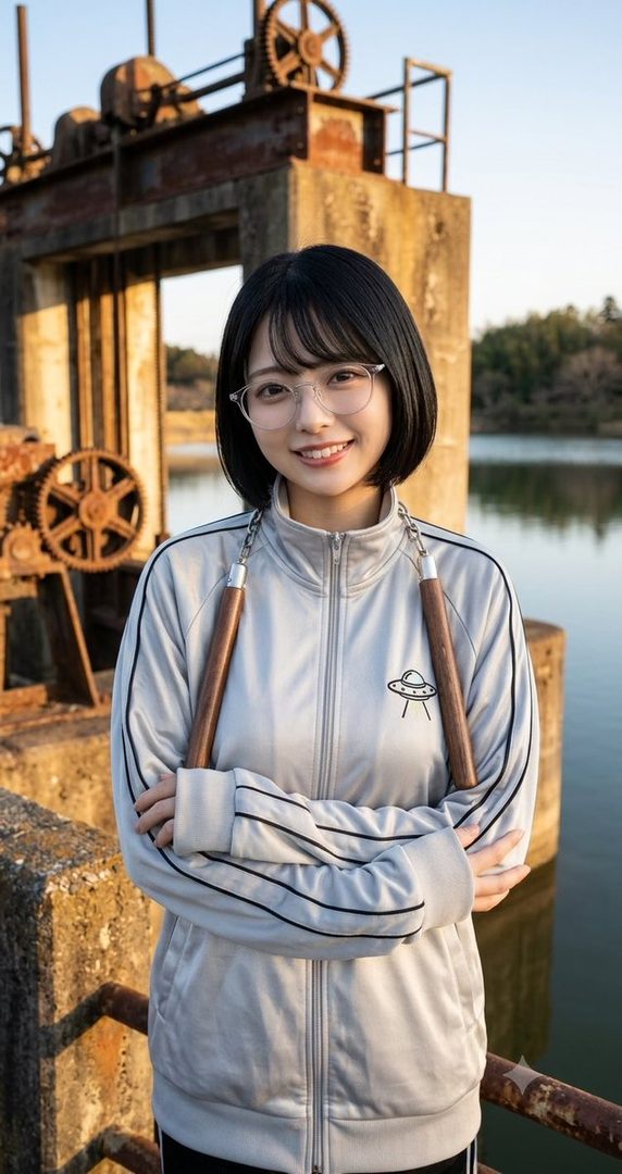 Young woman with short black bob hair and glasses smiling with arms crossed in front of rusty industrial machinery by a calm lake at sunset.