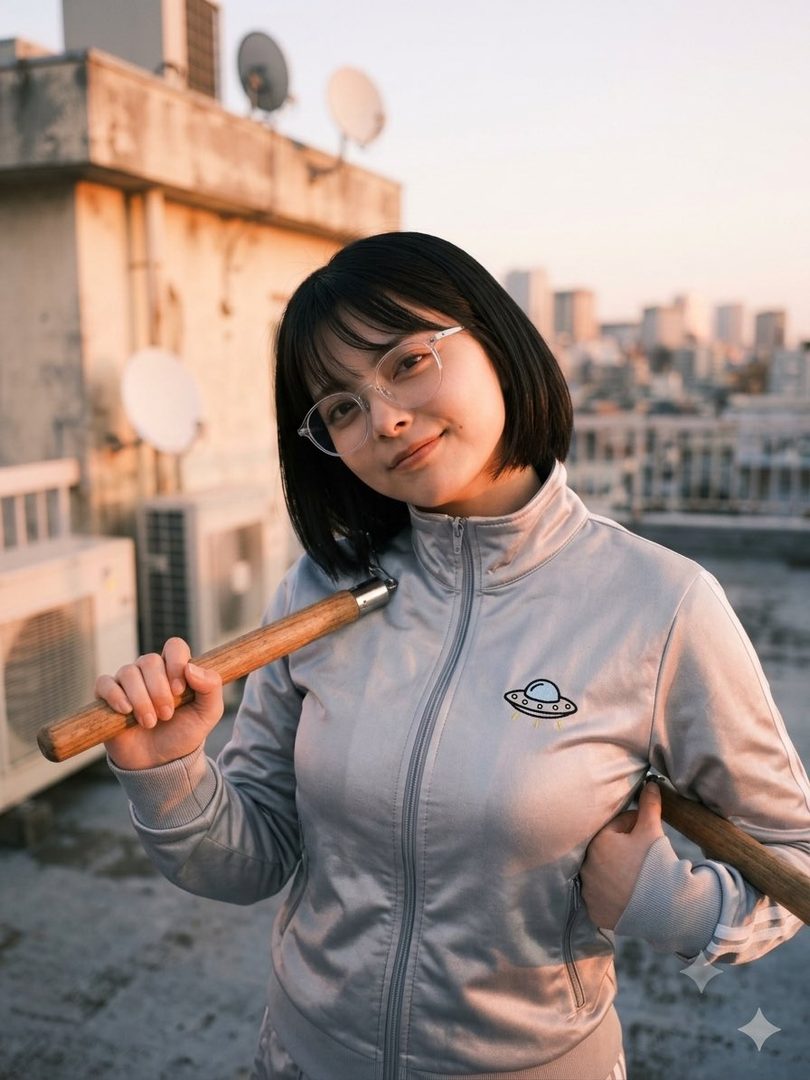 Young woman with short black bob hair and glasses holding a baseball bat on an urban rooftop at sunset.