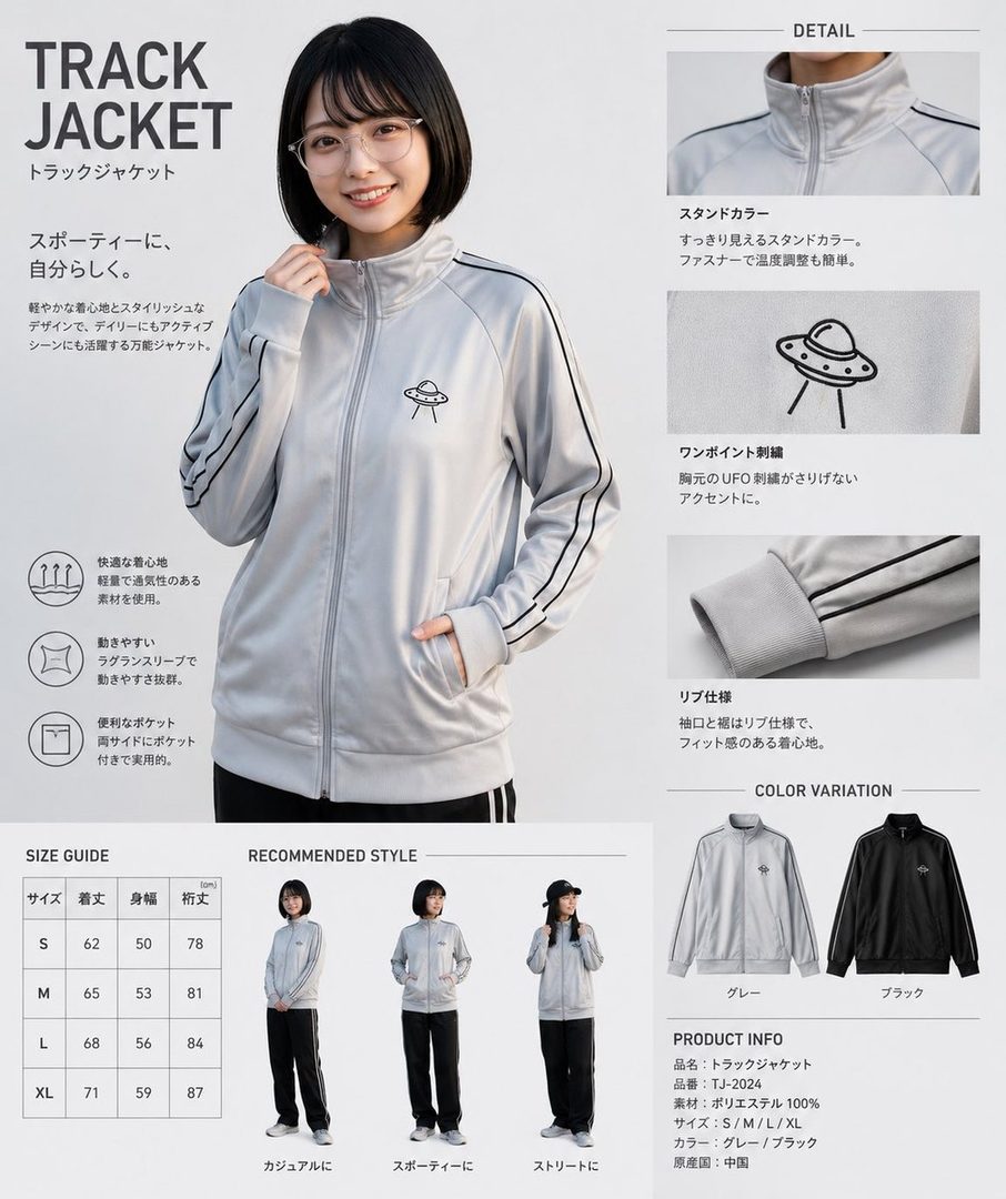 Young woman in light gray track jacket with UFO logo smiling in a studio product advertisement.