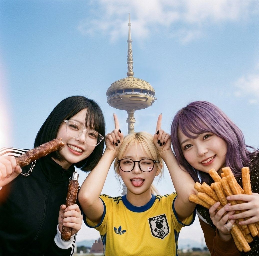 Three young Japanese women smiling and posing with snacks in front of a tall observation tower on a sunny day.